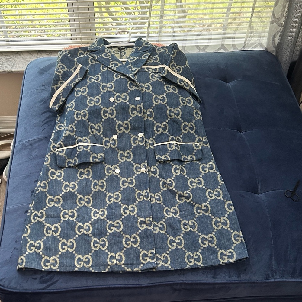 Gucci Blue Denim GG Logo Short Sleeve Coat Dress